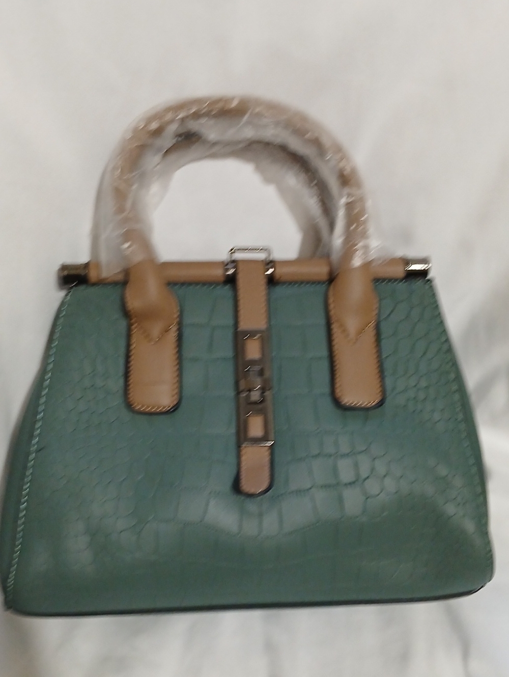 Green Croc-Texture Satchel Handbag with Tan Accents